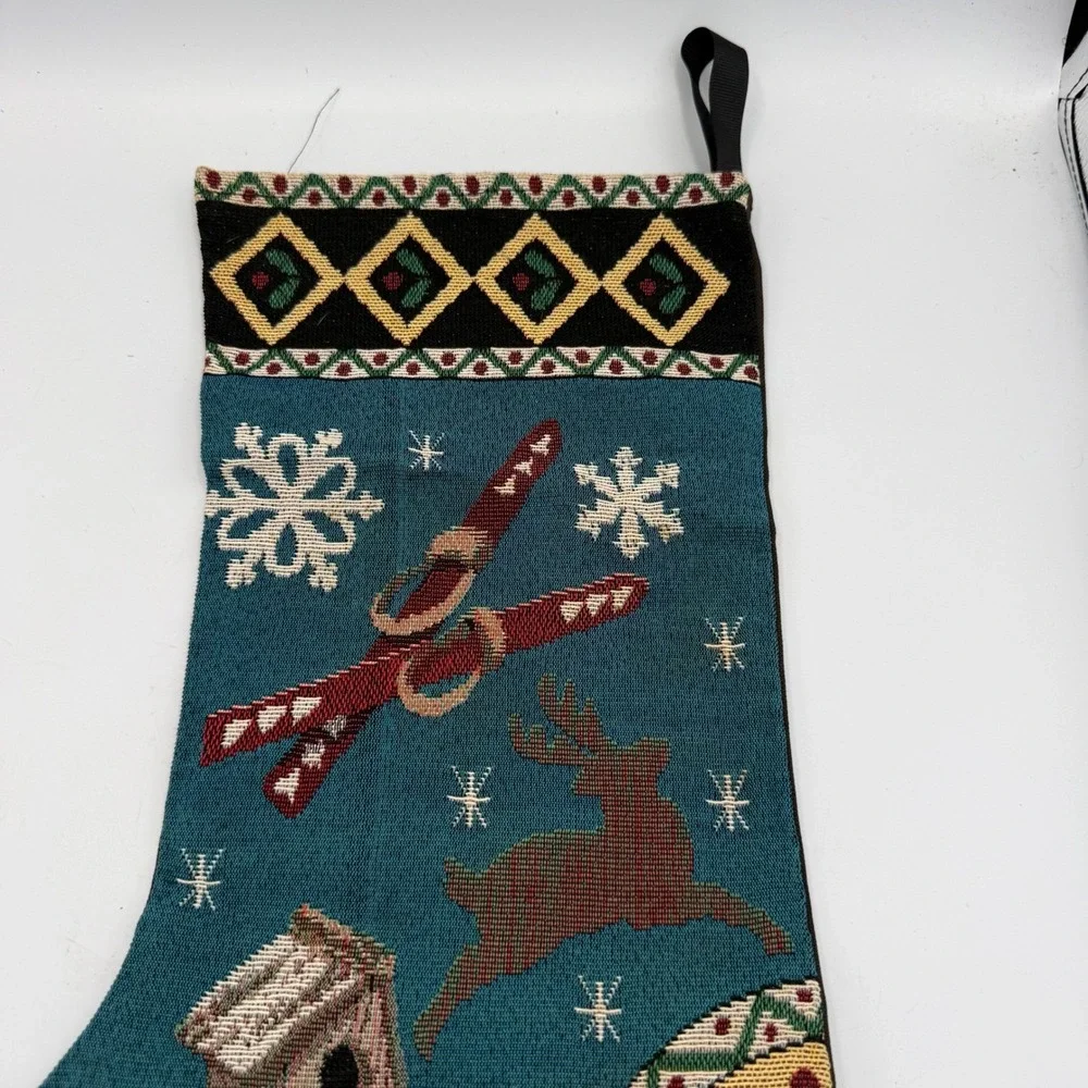 Vintage Tapestry Christmas Stocking Teal Reindeer Skis Sled Winter Scene Woven